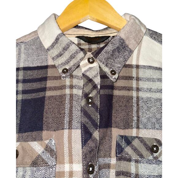 Outpost Plaid Button Down Men's Size Medium Brown Blue Diamond Pattern Fall Warm - Picture 2 of 9